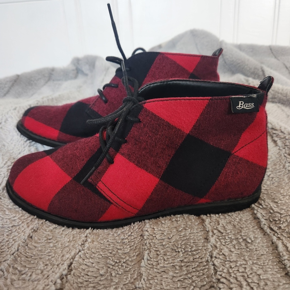 Bass Red and Black Plaid Ankle Boots